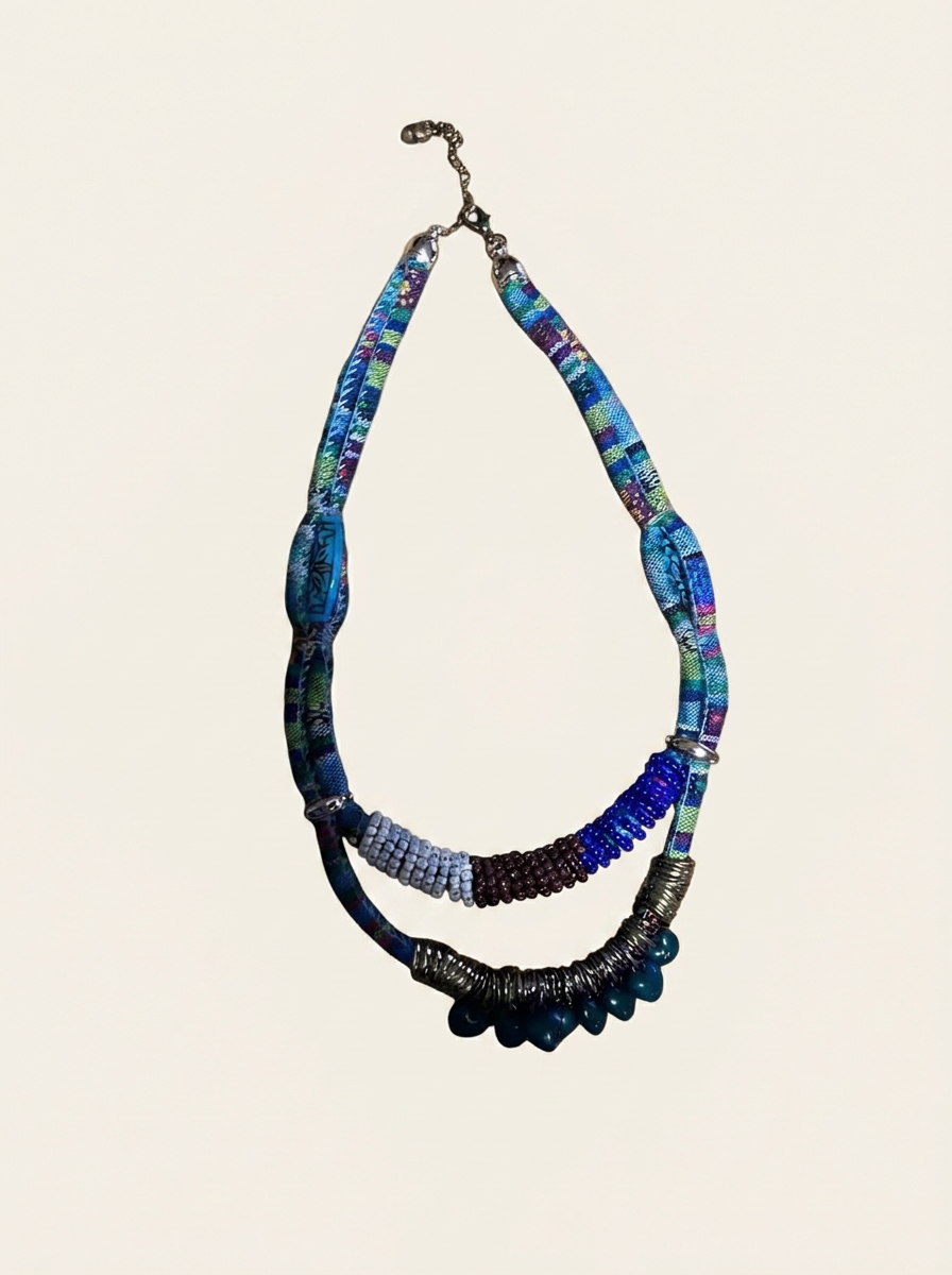 Collier Tissu Ethnique Bleu